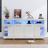 High Gloss White Sideboard with LED Lighting - Modern Storage Cabinet with 3-Tier Tempered Glass Display Shelves