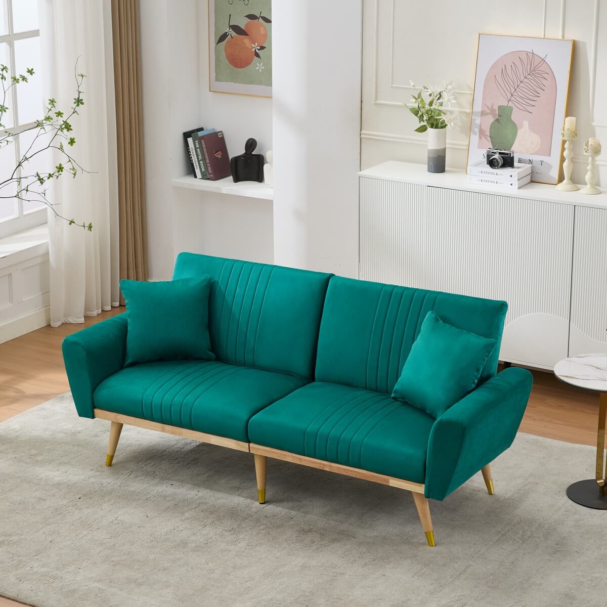 Convertible Futon Sofa Bed - Adjustable Backrest, Fleece Fabric, 2 Seater, Green