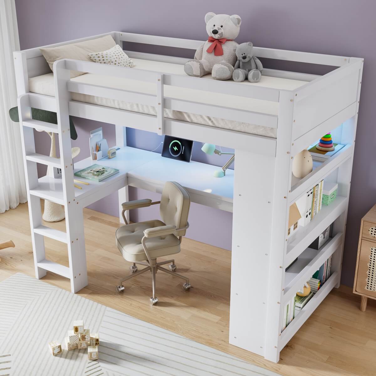 3ft Single Wooden Loft Bed - Bunk Bed with LED Lights, Charging Ports, Storage Shelves, Desk & 5-Step Ladder, White