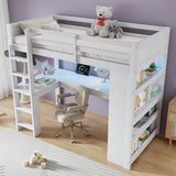 3ft Single Wooden Loft Bed - Bunk Bed with LED Lights, Charging Ports, Storage Shelves, Desk & 5-Step Ladder, White