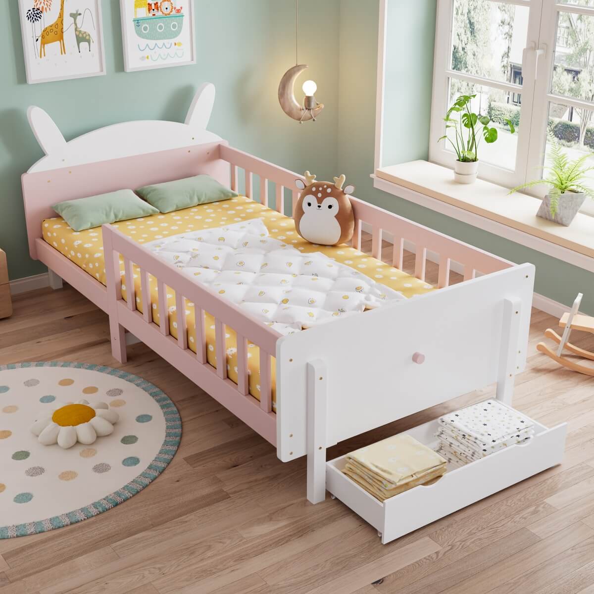 3ft Single Children's Rabbit-Shaped Bed - Wooden Storage Bed with Safety Guardrail, Drawer and Sturdy Slatted Base, White and Pink