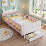 3ft Single Children's Rabbit-Shaped Bed - Wooden Storage Bed with Safety Guardrail, Drawer and Sturdy Slatted Base, White and Pink