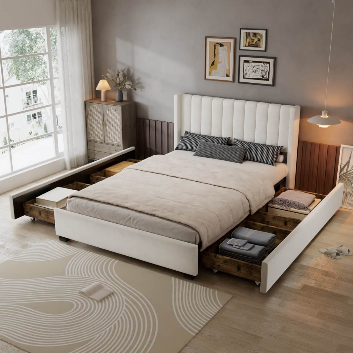 4ft6 Double Velvet Storage Bed - Upholstered Bed Frame with 4 Drawers and Soft Headboard, Beige
