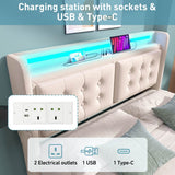4ft6 Double Upholstered Storage Bed - Hydraulic Bed Frame with LED Headboard, USB & Type-C Charging, Linen, Beige