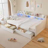 3ft Single Wooden Storage Daybed with LED Strip Lights - 2 Wheeled Storage Drawers and Sturdy Slatted Base, White