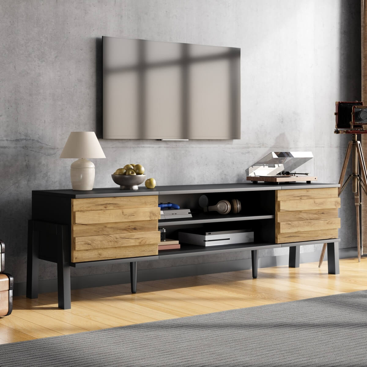 TV Unit with Storage – 2 Cabinets & Open Shelves, Natural Wood & Black
