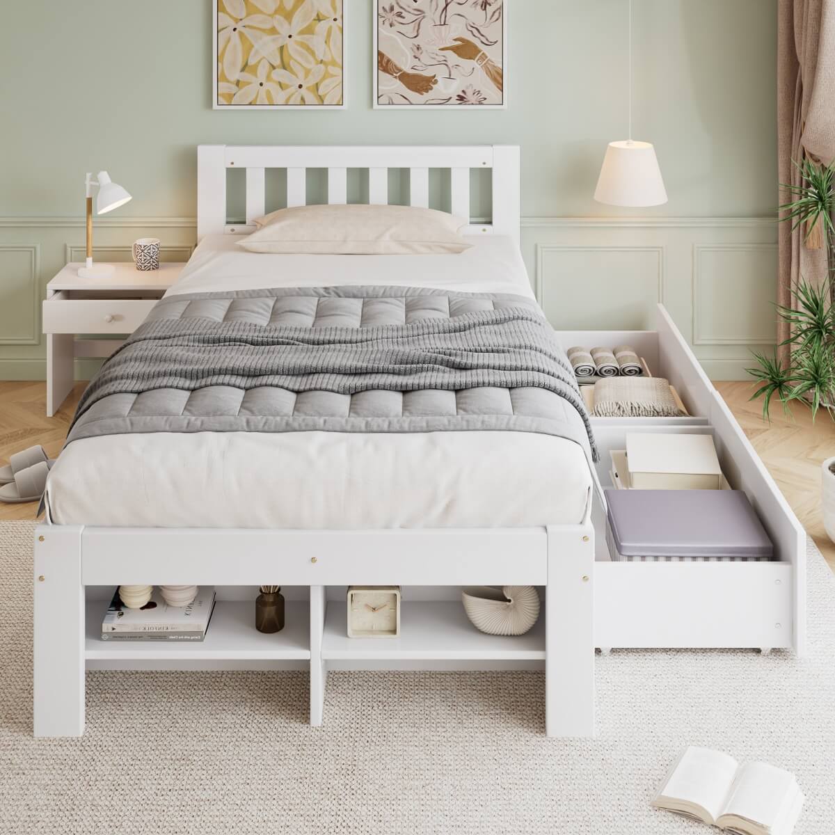 3ft Single Wooden Storage Bed with Bedside Table & 2 Drawers - Sturdy Bed Frame with Reversible Storage Compartments, White