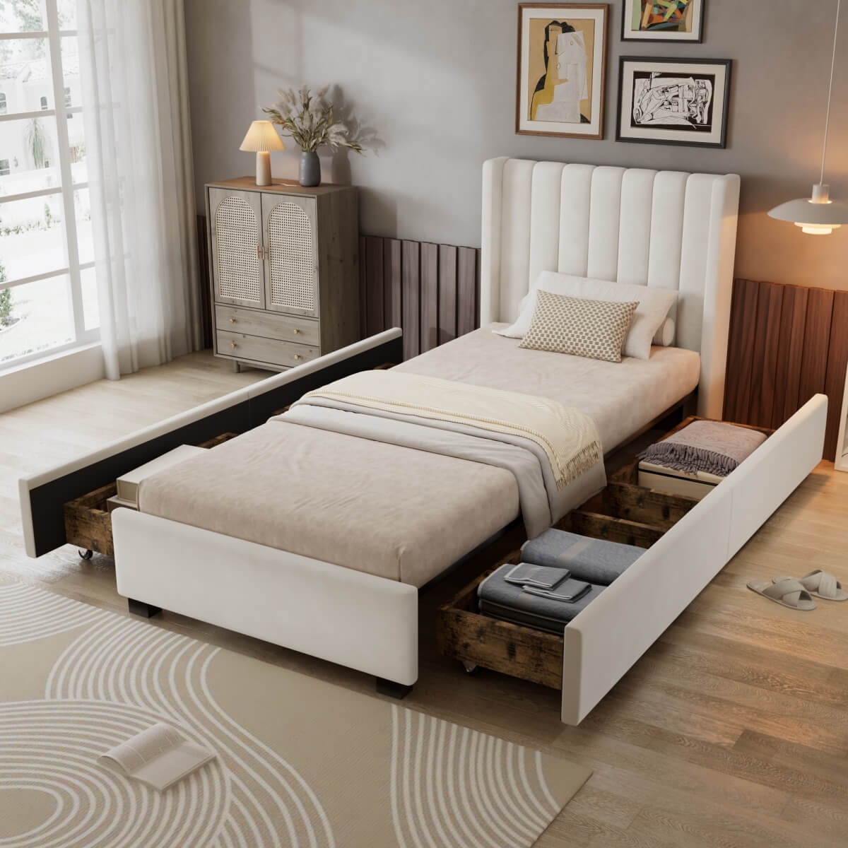 3ft Single Velvet Storage Bed - Upholstered Bed Frame with 4 Drawers and Soft Headboard, Beige