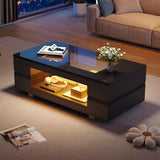 High Gloss Coffee Table with LED Lights – Black Centre Table with Glass Top & Open Storage