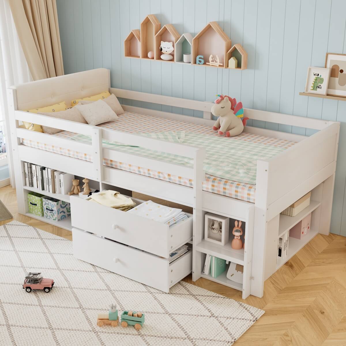 3ft Single Wooden Storage Bed for Kids - Bed Frame with Safety Guardrails, 2 Drawers, Storage Compartments & Upholstered Headboard, White