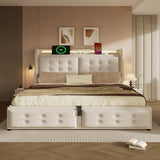 5ft King Upholstered Storage Bed - Hydraulic Bed Frame with LED Headboard, USB & Type-C Charging, Linen, Beige