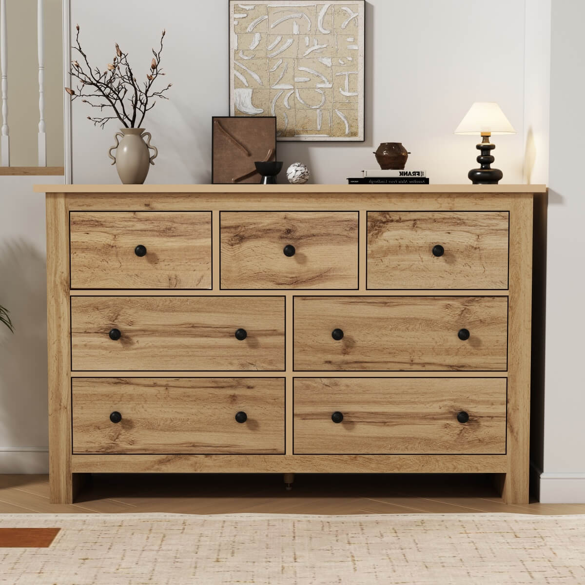 Modern Vintage Storage Sideboard with 7 Drawers - Multi-Room Cabinet, Wood Color