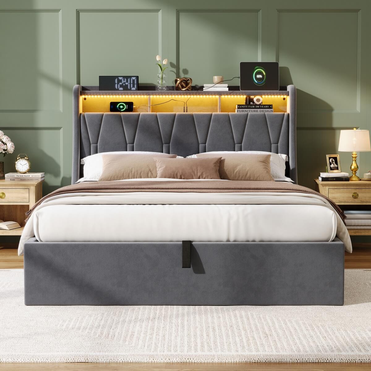 4ft6 Double Upholstered Bed with Hydraulic Storage & LED Lighting - Velvet Bed Frame with Plywood Base, Sturdy & Durable, Grey