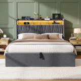 4ft6 Double Upholstered Bed with Hydraulic Storage & LED Lighting - Velvet Bed Frame with Plywood Base, Sturdy & Durable, Grey