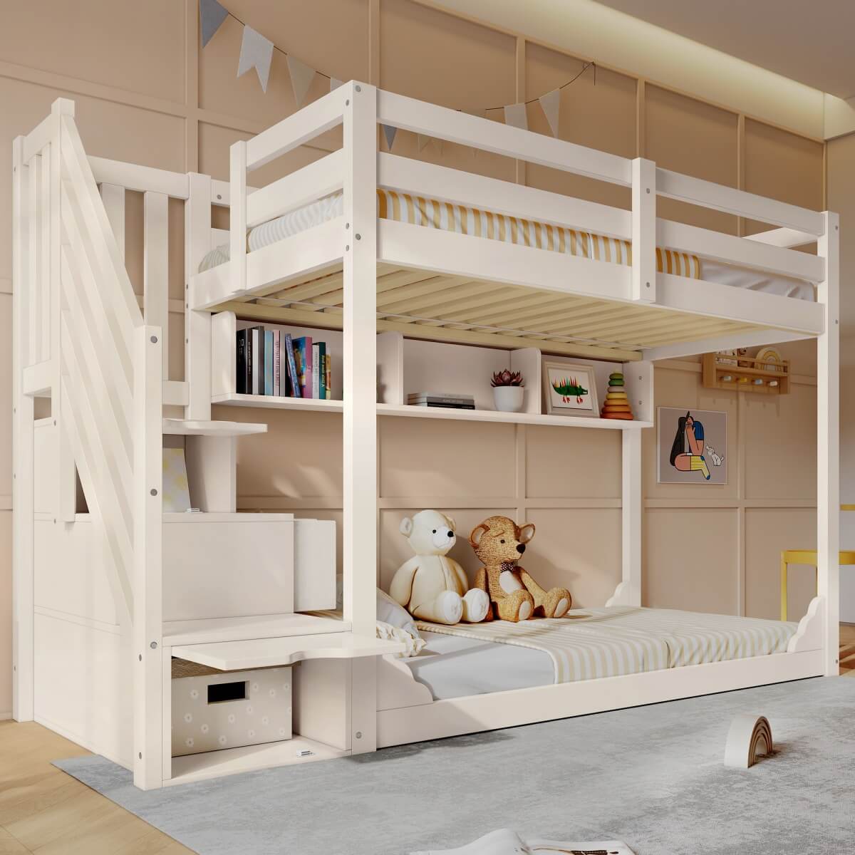 Kids Bunk Bed with Storage Stairs - Solid Wood Bunk Beds with 3 Open Shelves and Wraparound Safety Rails, White