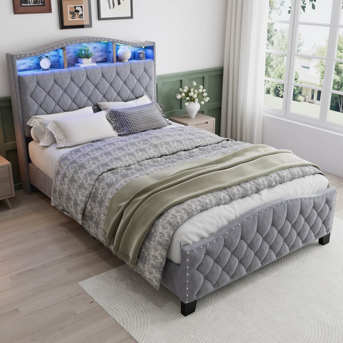 4ft6 Velvet Upholstered Storage Bed with LED Light Strip - Double Bed with Slatted Base, Grey