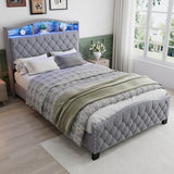 4ft6 Velvet Upholstered Storage Bed with LED Light Strip - Double Bed with Slatted Base, Grey