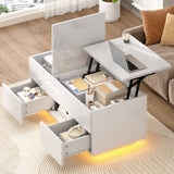 Lift-Top Coffee Table with LED Lights - High Gloss Centre Table with 2 Drawers & Hidden Storage for Living Room