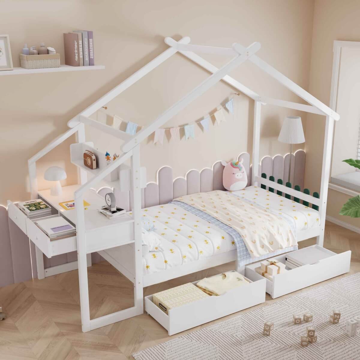 3ft Single Children's Wooden Storage Bed with Desk - Treehouse Design with Drawers, Small Shelf and Sturdy MDF and Pinewood Frame, White