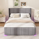 4ft6 Double Velvet Ottoman Storage Bed with LED Lighting - Upholstered Hydraulic Bed Frame with Plywood Base, Grey