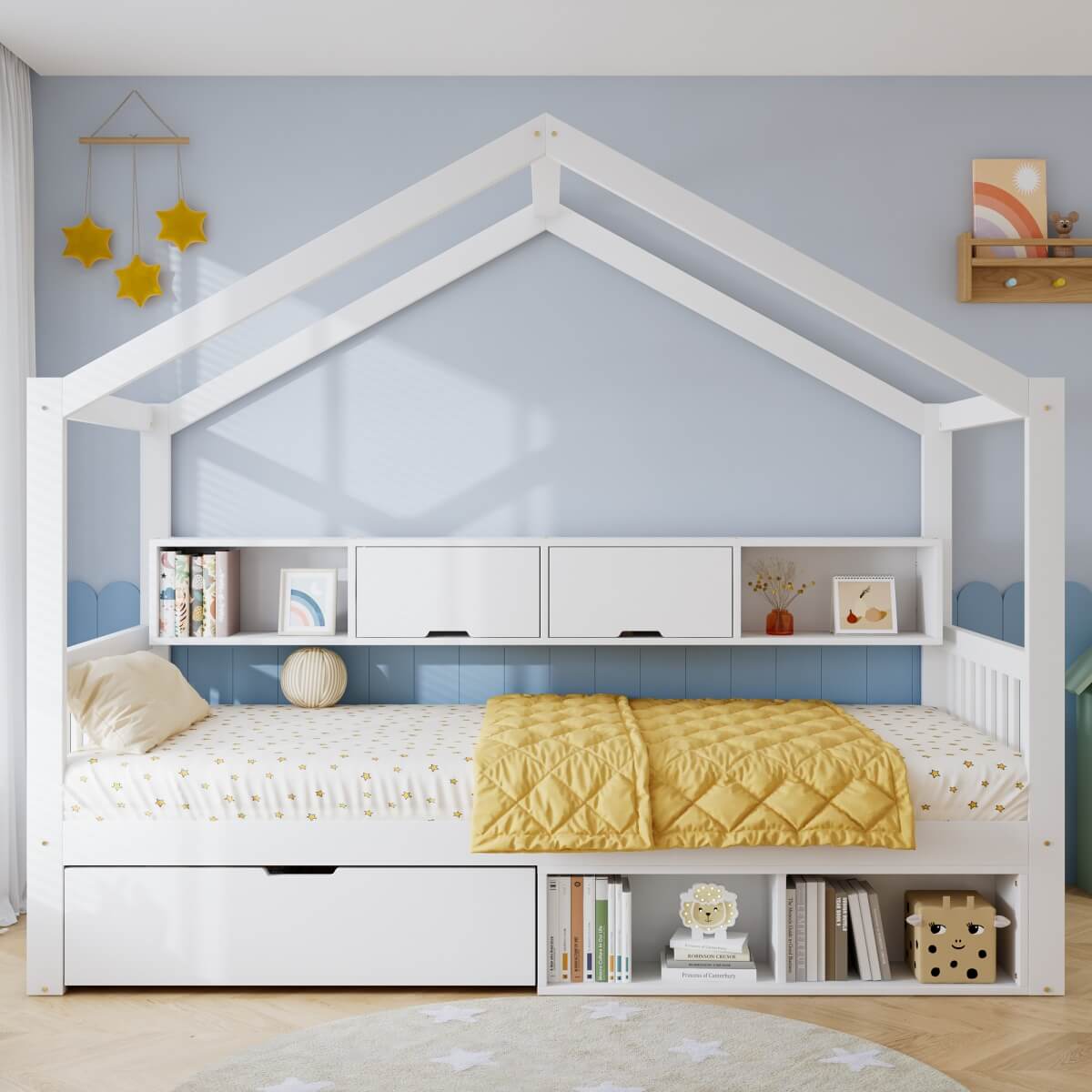 3ft Single Children’s Storage Bed with Safety Guardrail & Wheeled Drawer - House-Shaped Pine Wood Bed Frame with Storage Compartments, White