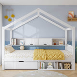 3ft Single Children’s Storage Bed with Safety Guardrail & Wheeled Drawer - House-Shaped Pine Wood Bed Frame with Storage Compartments, White