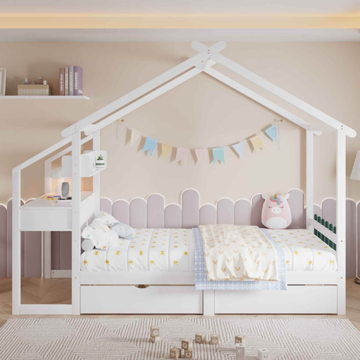 3ft Single Children's Wooden Storage Bed with Desk - Treehouse Design with Drawers, Small Shelf and Sturdy MDF and Pinewood Frame, White
