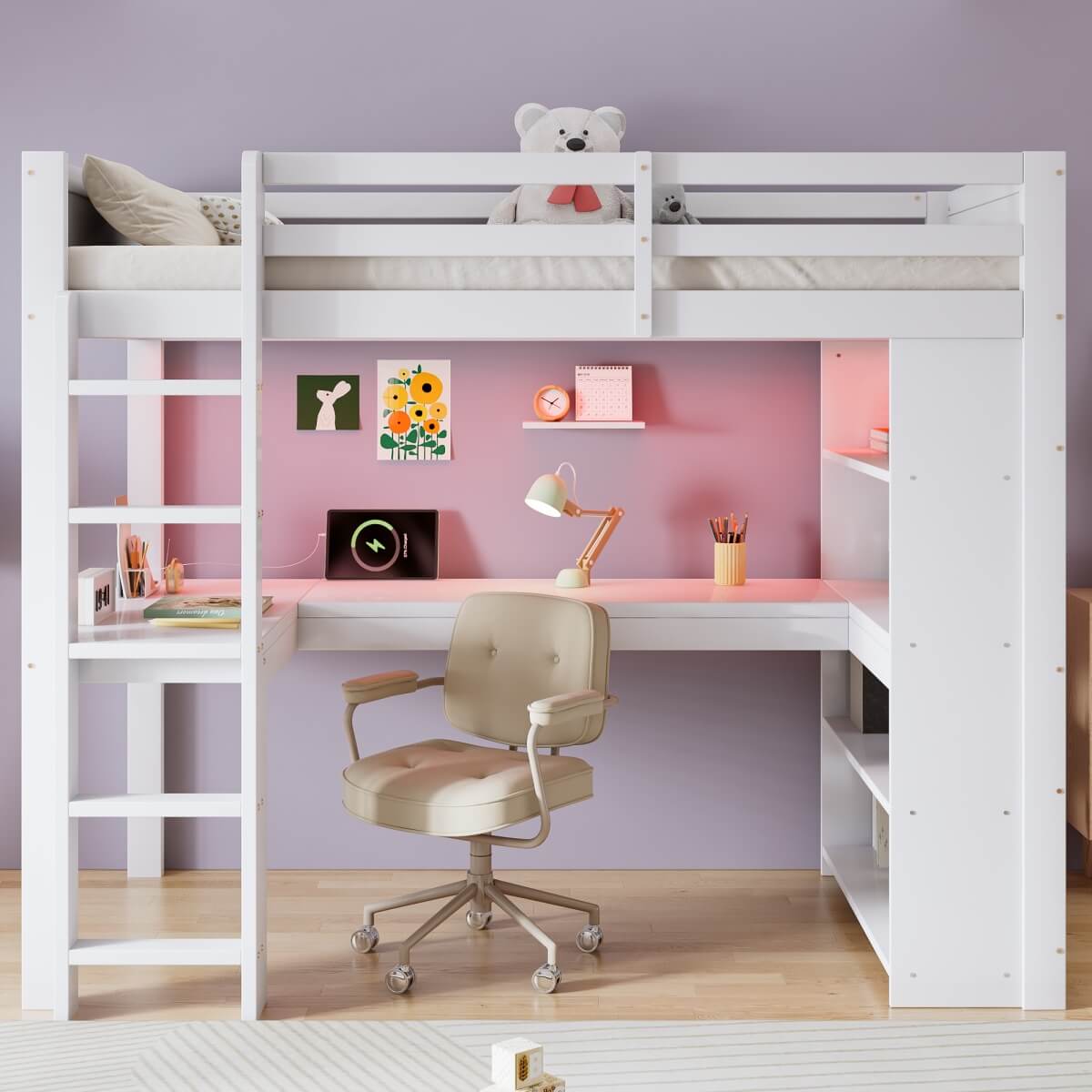 3ft Single Wooden Loft Bed - Bunk Bed with LED Lights, Charging Ports, Storage Shelves, Desk & 5-Step Ladder, White