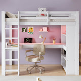 3ft Single Wooden Loft Bed - Bunk Bed with LED Lights, Charging Ports, Storage Shelves, Desk & 5-Step Ladder, White