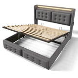 4ft6 Double Upholstered Storage Bed - Hydraulic Bed Frame with LED Headboard, USB & Type-C Charging, Linen, Grey