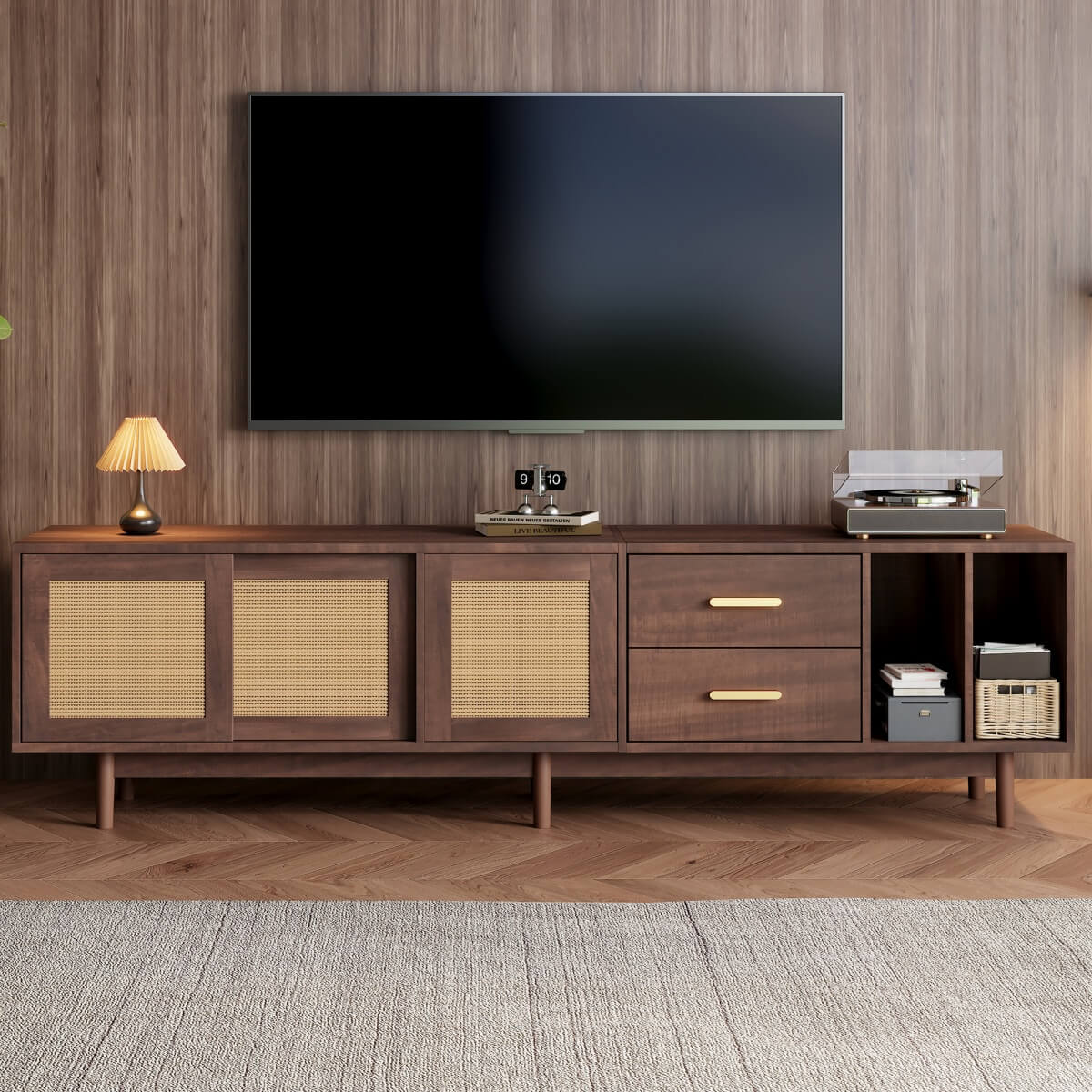 Rattan TV Stand with Sliding Doors - 2 Drawer Storage TV Unit, Dark Wood, Fits up to 80 Inch TV