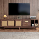 Rattan TV Stand with Sliding Doors - 2 Drawer Storage TV Unit, Dark Wood, Fits up to 80 Inch TV