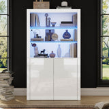 White High Gloss Display Cabinet - Tall Storage Cupboard with Tempered Glass Shelves, Doors & LED Lights