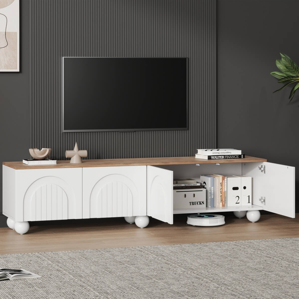 180cm TV Unit for TVs up to 75 Inch - White and Wood Effect TV Stand with 4 Storage Compartments and 6 Metal Legs