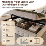 4ft6 Double Upholstered Storage Bed - Hydraulic Bed Frame with LED Headboard, USB & Type-C Charging, Linen, Beige