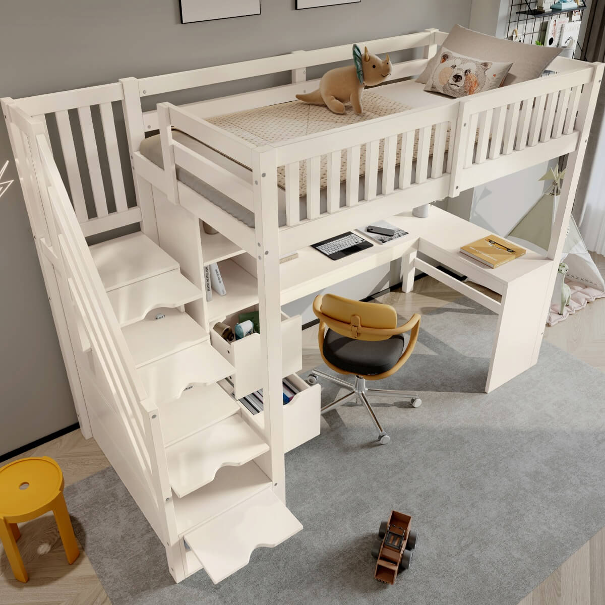 Single High Sleeper Bed with Desk and Storage Stairs - Wooden Loft Bed with Large Corner Desk, Shelves and Safety Guard Rails, White