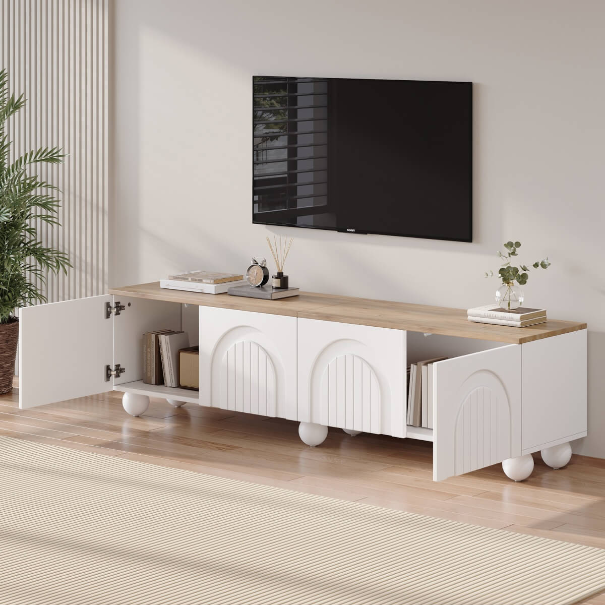180cm TV Unit for TVs up to 75 Inch - White and Wood Effect TV Stand with 4 Storage Compartments and 6 Metal Legs