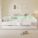 3ft Single Wooden Storage Daybed with LED Strip Lights - 2 Wheeled Storage Drawers and Sturdy Slatted Base, White