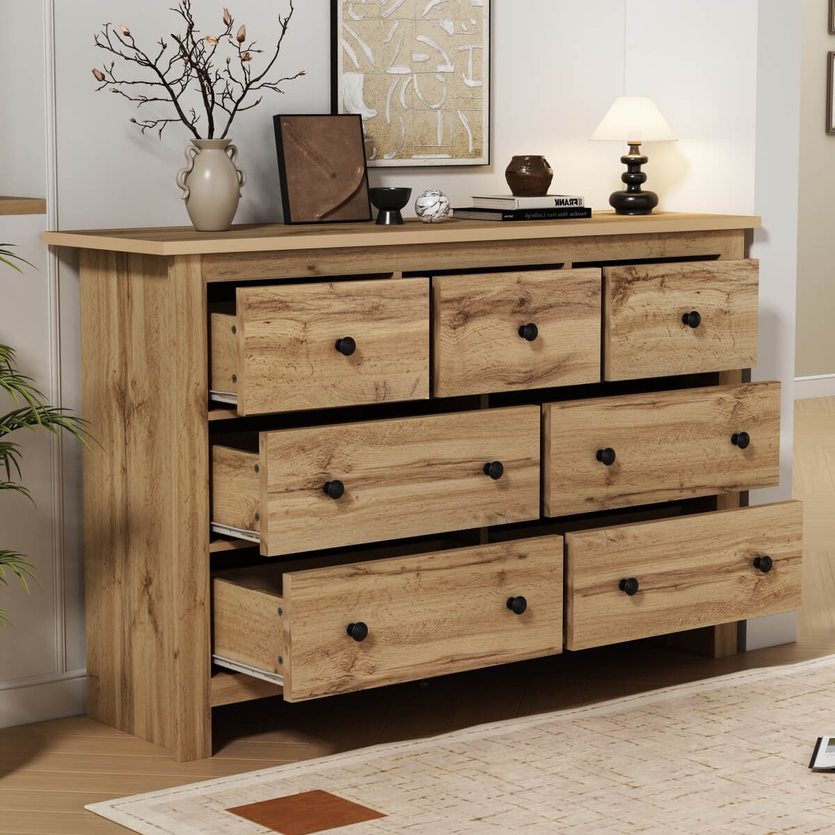 Modern Vintage Storage Sideboard with 7 Drawers - Multi-Room Cabinet, Wood Color