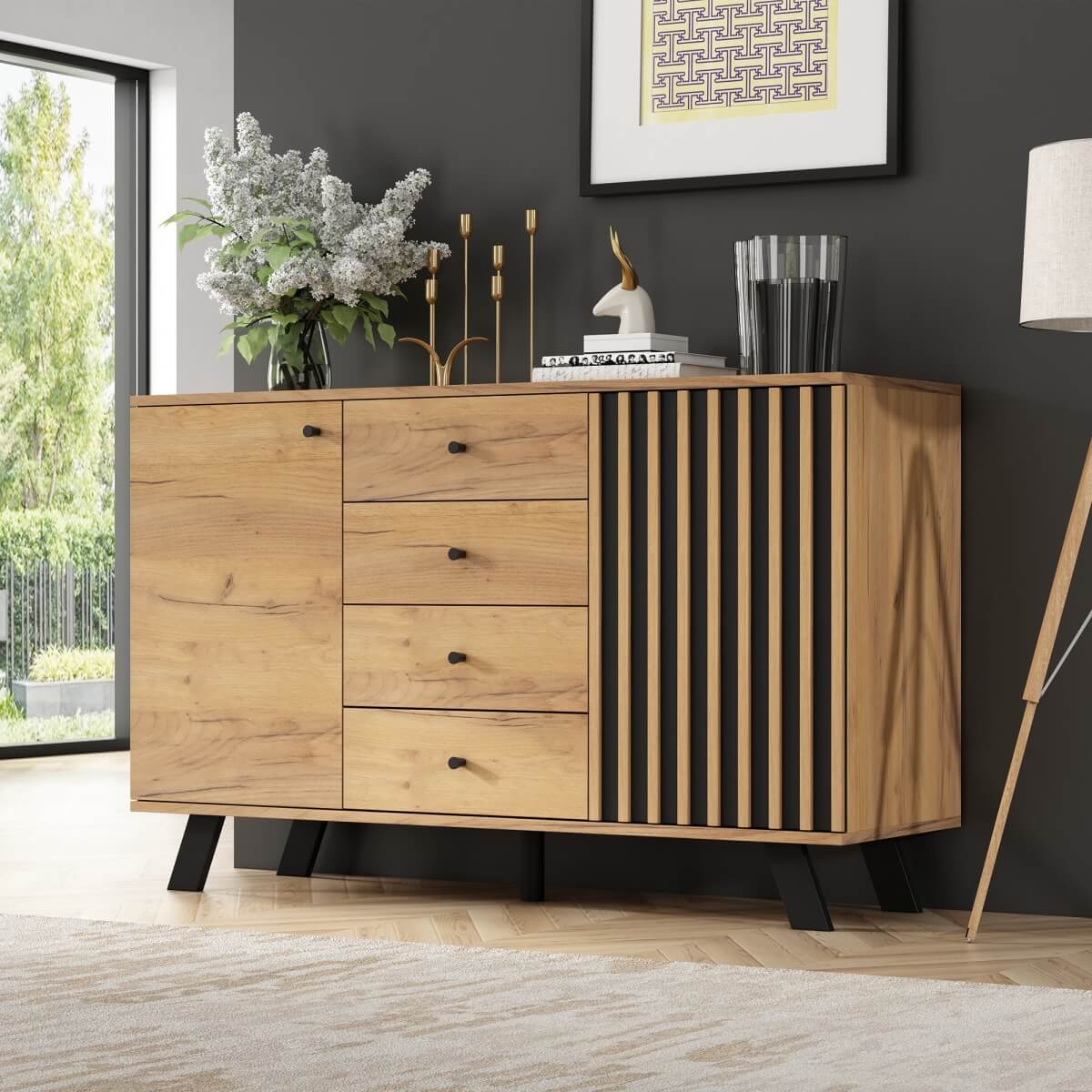 Dark Oak Effect Sideboard with 4 Drawers and 2 Doors - Wooden Storage Cabinet with Slatted Door Design