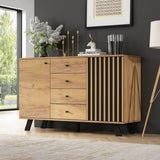 Dark Oak Effect Sideboard with 4 Drawers and 2 Doors - Wooden Storage Cabinet with Slatted Door Design