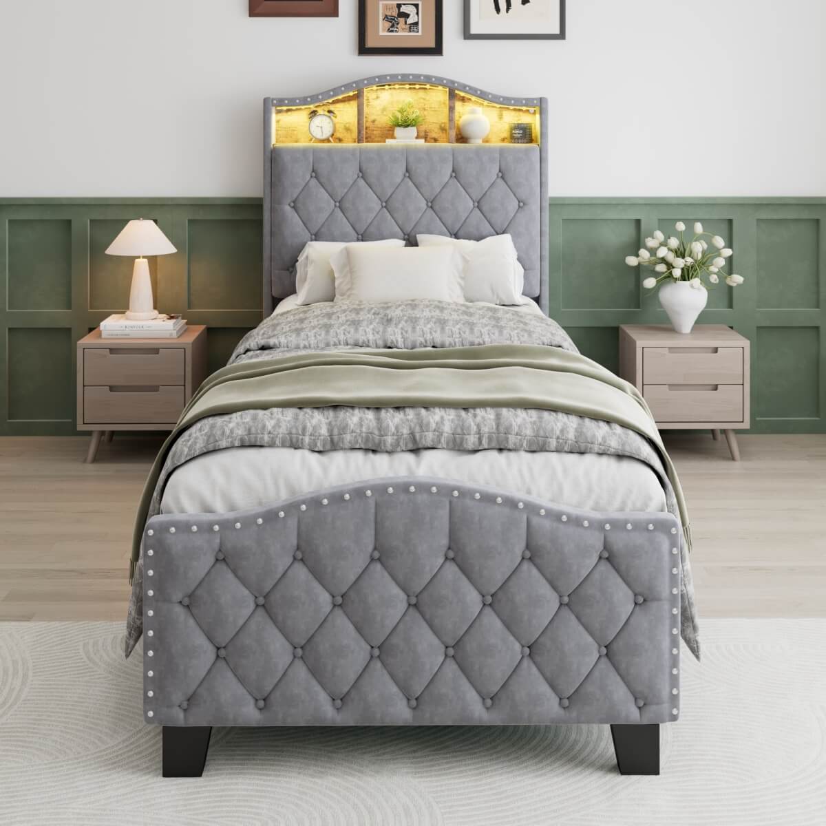 3ft Velvet Upholstered Storage Bed with LED Light Strip - Single Bed with Slatted Base, Grey