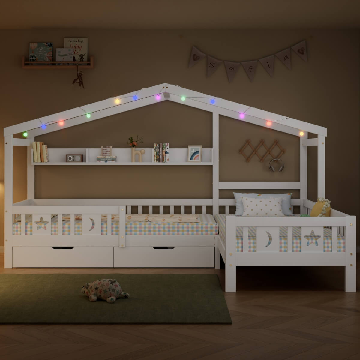 3ft Single Children's Wooden House Bed - Storage Bed with LED Strip Light, Safety Guardrail and 2 Wheeled Drawers, White