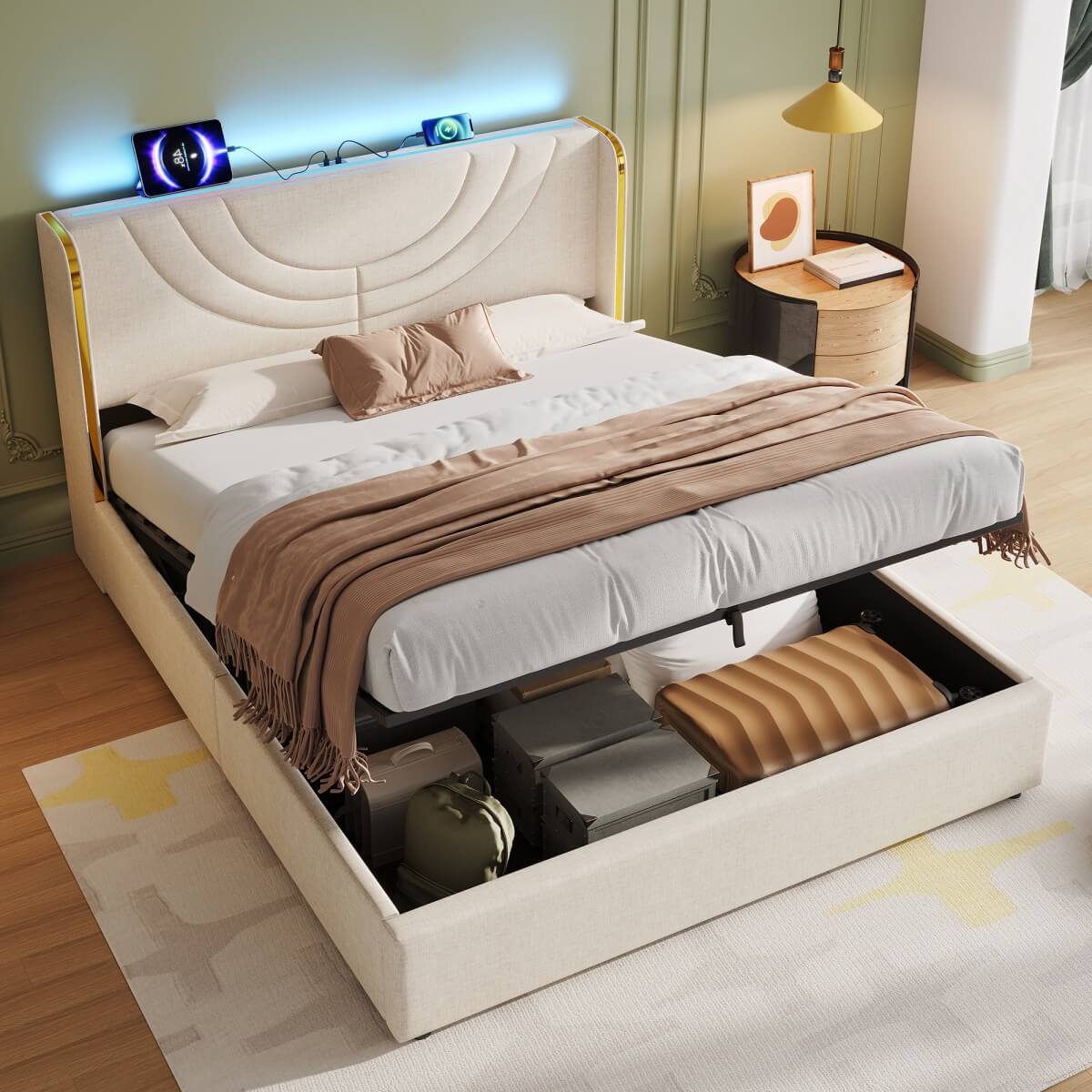 4ft6 Double Upholstered Bed Frame - Hydraulic Storage, LED Headboard with USB Charging, Beige Linen