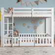3ft White Solid Wood Bunk Bed — Children's Bed with Safety Rails, Fences & Door - Abrihome UK