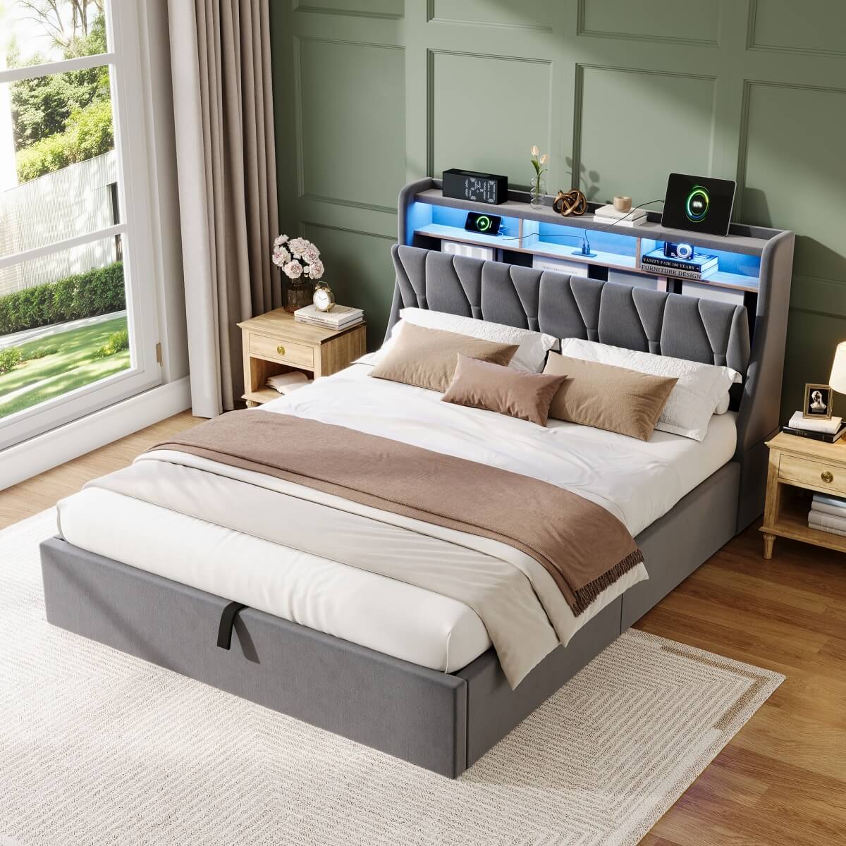 4ft6 Double Upholstered Bed with Hydraulic Storage & LED Lighting - Velvet Bed Frame with Plywood Base, Sturdy & Durable, Grey