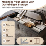 4ft6 Double Upholstered Storage Bed - Hydraulic Bed Frame with LED Headboard, USB & Type-C Charging, Linen, Grey