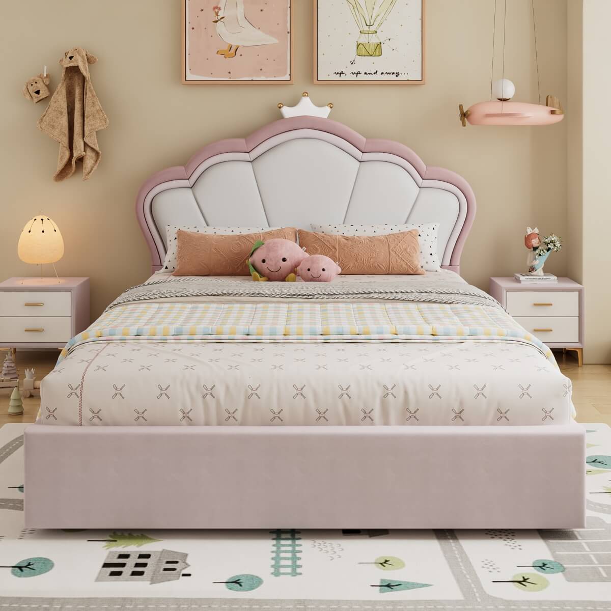 4ft6 Double Upholstered Storage Bed - Velvet Hydraulic Bed Frame with Lift-Up Storage Function, Pink