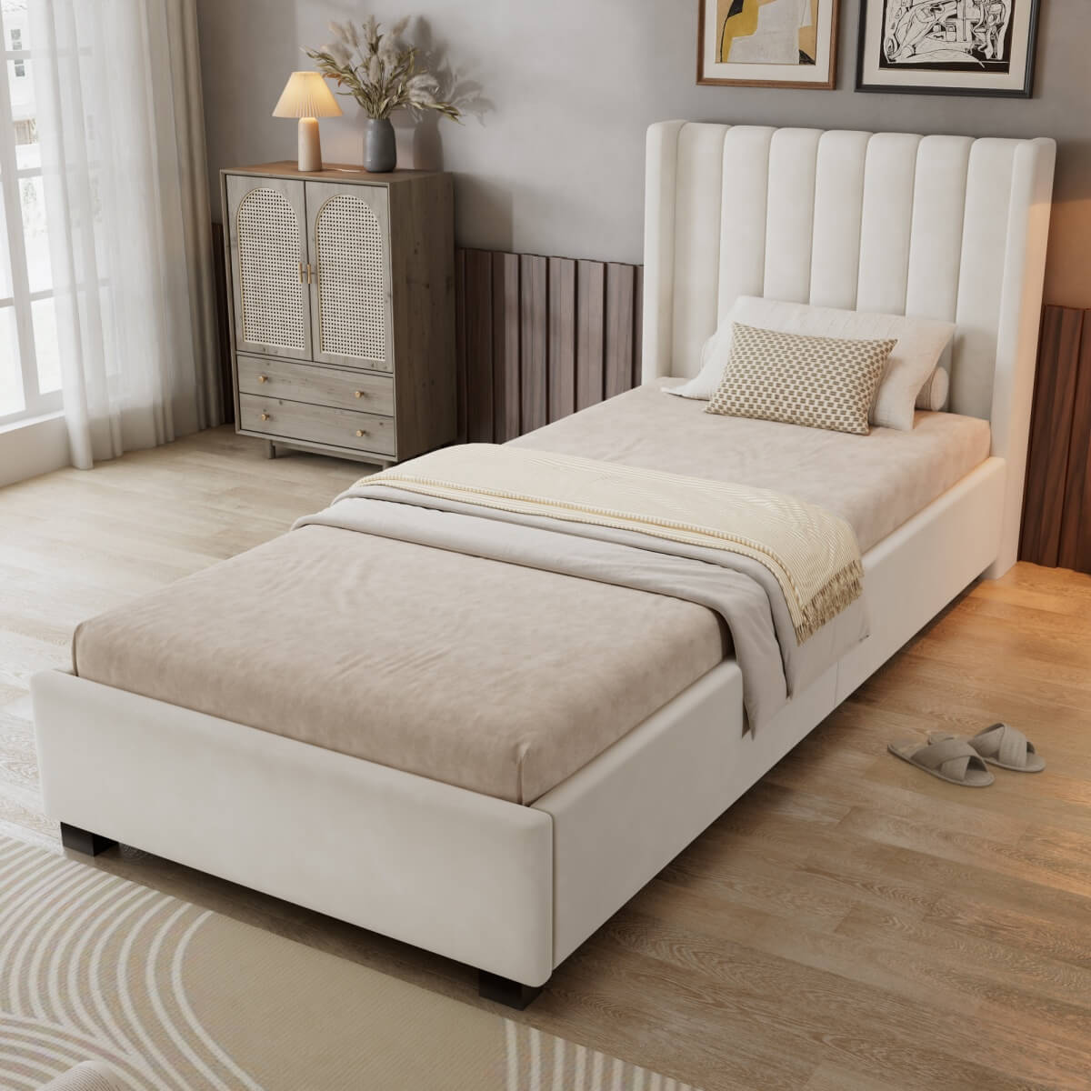 3ft Single Velvet Storage Bed - Upholstered Bed Frame with 4 Drawers and Soft Headboard, Beige