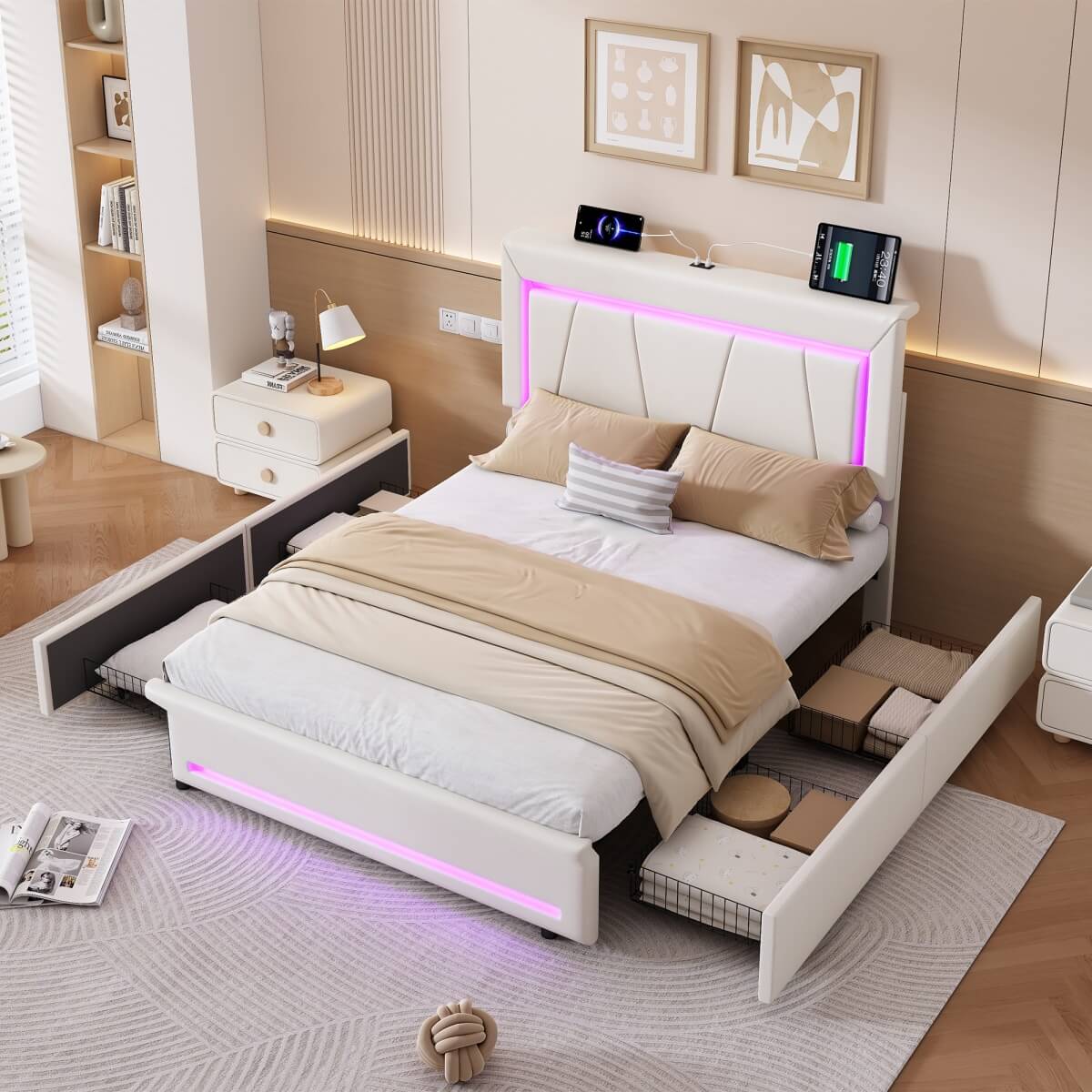 4ft6 Double Upholstered Storage Bed with LED Light Strips & USB Type-C Charging - Velvet Bed Frame with 4 Wheeled Drawers, Soft Backrest & Slatted Base, Grey